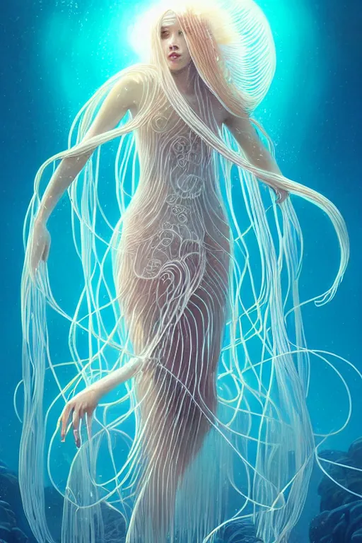 Prompt: beautiful spaghetti jellyfish goddess underwater, ethereal art deco, fantasy, intricate art deco ocean designs, elegant, highly detailed female, sharp focus, art by artgerm and beeple and greg rutkowski and wlop