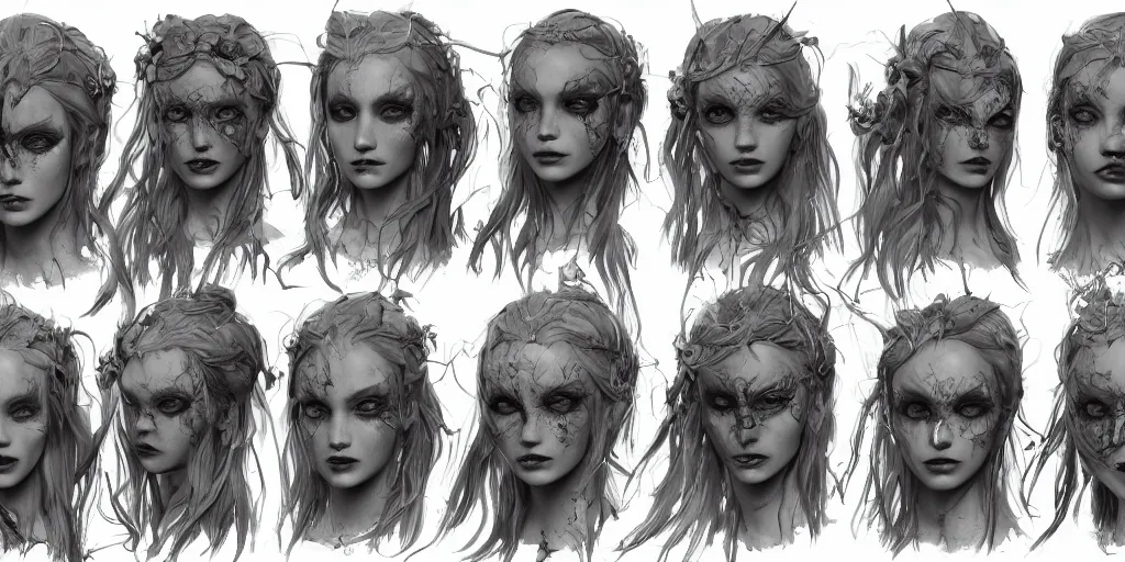 Prompt: gothic mermaid character face detail designs, Greg Rutkowski, character sheet, kim jung gi, Darek Zabrocki, Karlkka, Jayison Devadas, Phuoc Quan, trending on Artstation, 8K, ultra wide angle, pincushion lens effect