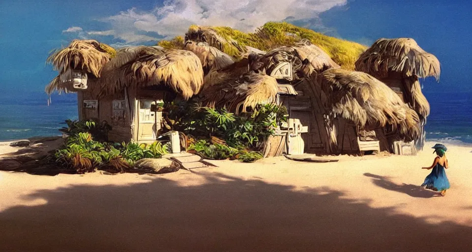 Image similar to concept art, tiny seashell house where a hermit girl lives, atmospheric cinematography by syd mead