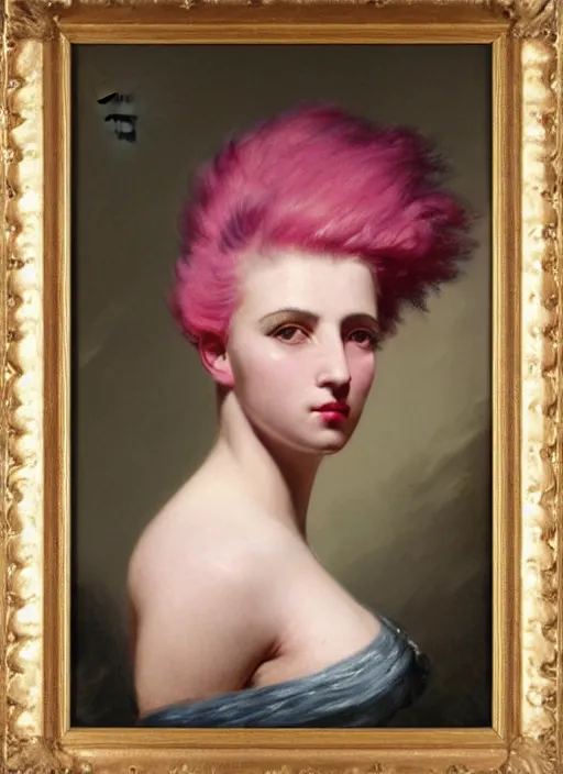 Image similar to a detailed portrait of woman with a mohawk by edouard bisson, year 1 9 5 0, pink hair, punk rock, oil painting, muted colours, soft lighting