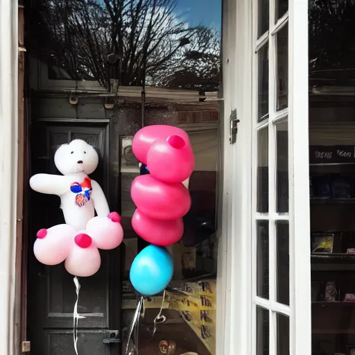 Image similar to A teddy bear doll with 8 balloons stands in the doorway of a candy store,cloudy day