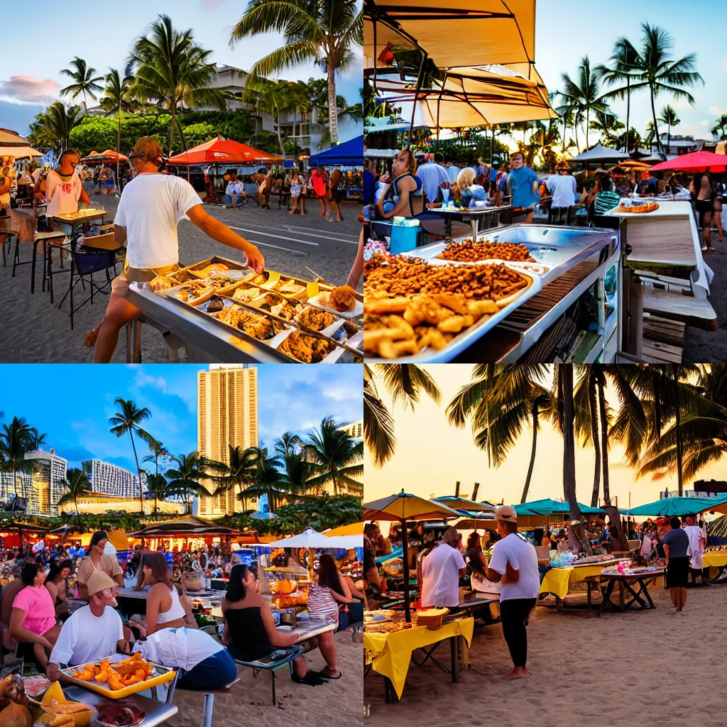 Prompt: Hawaiian street food on Waikiki Beach, golden hour