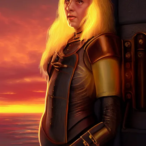 Prompt: subject is a medieval woman ship pilot with long side part hair and wearing breastplate, close portrait of subject is on a ship and looking to dramatic golden neon sunset with wall of storm clouds, dynamic lighting, hyperrealistic, hd 4 k, artstation