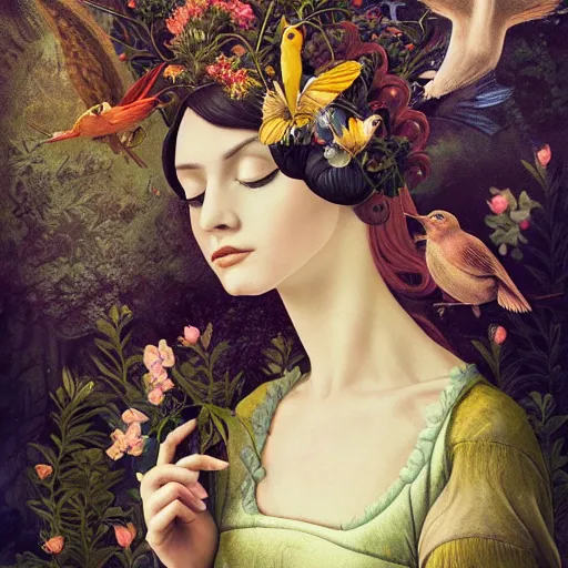 Image similar to a detailed portrait of young woman in renaissance dress and a surreal renaissance headdress, very surreal garden, cyberpunk, surreal tea party, birds, nature, strange creatures, by christian schloe and botticelli, naotto hattori, amy sol, roger dean, moody colors