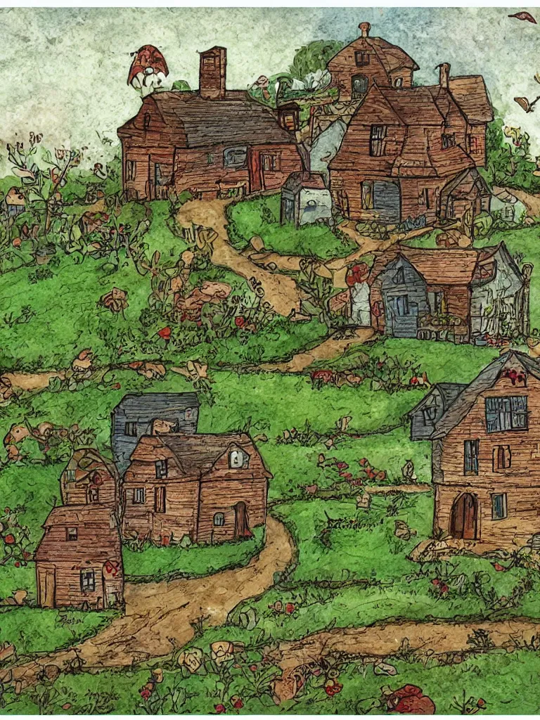 Image similar to a house on the edge of town by storybook artists, blunt borders, rule of thirds