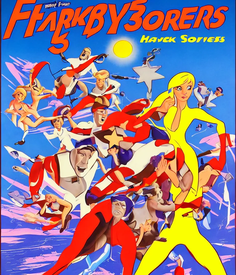 Image similar to Hannah Barbera cartoons of Five Star Stories as Whacky Races, promotional poster super detailed , xpensive production, realistic style, gouache colors, Hollywood retro cartoon poster, golden era of animation work