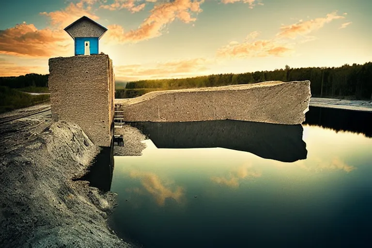 Prompt: an abandoned water - filled lime quarry. the water filled quarry is located in oland, sweden. golden hour, portrait, dslr, 3 5 mm, wide angle, the happiest childhood summer memories, magical realism photograph by erik johansson