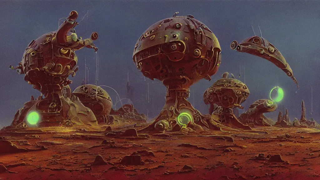 Image similar to mysterious whimsical sculpture of alien technology by paul lehr and john schoenherr and john harris, cinematic matte painting