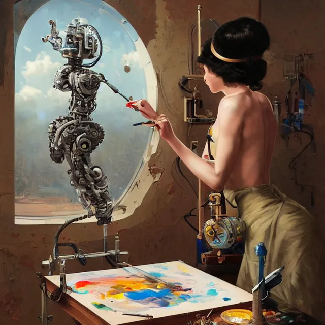 Prompt: robot artist painting a self - portrait on a canvas. intricate, highly detailed, digital matte painting, in the style of alexandros pyromallis, and in the style of sachin teng, and in the style of hans thoma, and in the style of gil elvgren. irony, recursion, inspiration, dieselpunk.