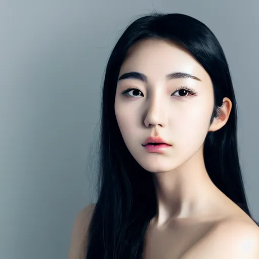 Prompt: Beautiful young korean woman with deep brown eyes and black hair posing, portrait mode photo, popular korean makeup, straight nose, light background, photo realism, 4k detail