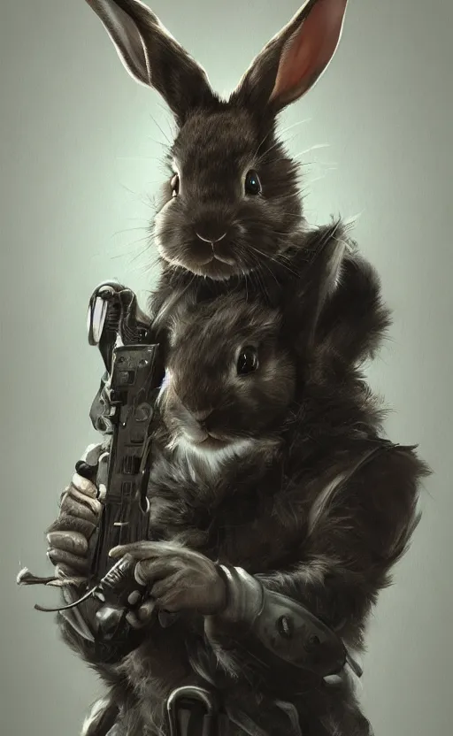 Image similar to dark fantasy photorealistic portrait concept art of a bunny hitman, trending on art station, stunning visuals, creative, cinematic, ultra detailed