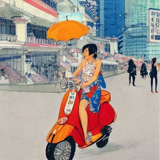 Image similar to the orange - haired vespa queen in hong kong, by amiet kuno and coby whitmore