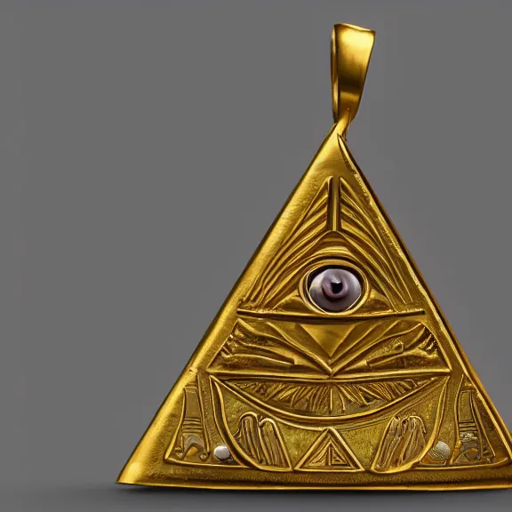 Prompt: An ancient egyptian pendant that looks like an upside-down pyramid with the wedjat eye engraved, dirty gold, splash art, movie still, cinematic lighting, dramatic, octane render, long lens, shallow depth of field, bokeh, anamorphic lens flare, 8k, hyper detailed, 35mm film grain