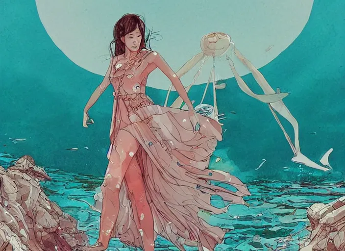 Prompt: lee jin - eun in luxurious dress emerging from turquoise water in egyptian pyramid city during an eclipse by conrad roset, m. k. kaluta, martine johanna, rule of thirds, elegant look, beautiful, chic, face anatomy, cute complexion