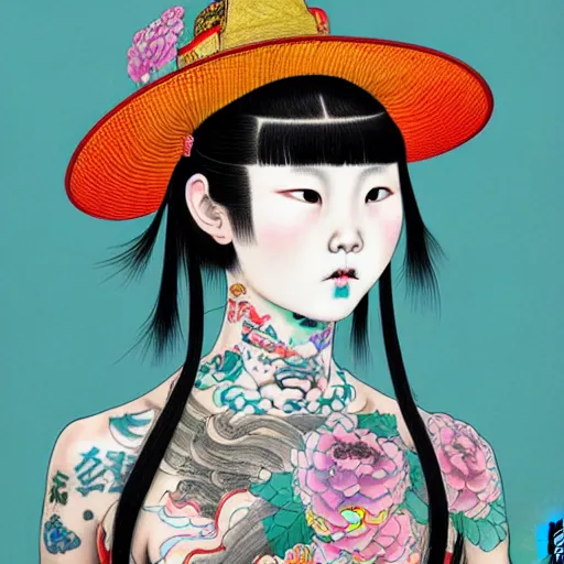 Image similar to full view of a girl from the qing dynasty with tattoos, wearing a cowboy hat, style of yoshii chie and hikari shimoda and martine johanna, highly detailed