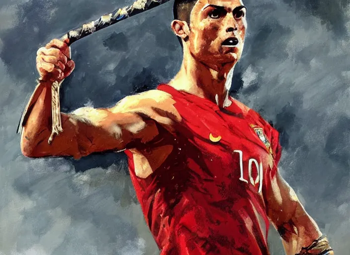 Image similar to a highly detailed beautiful portrait of cristiano ronaldo as kratos, by gregory manchess, james gurney, james jean