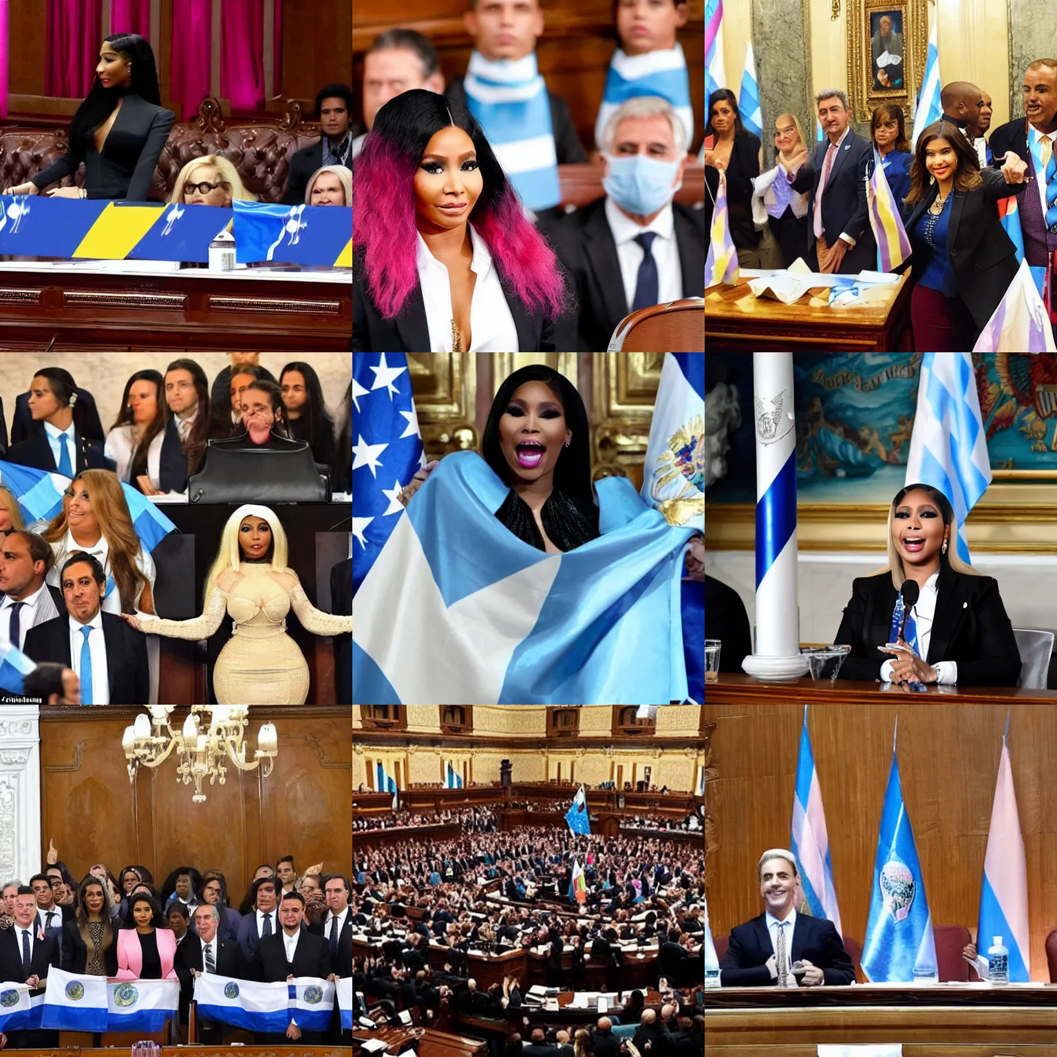 Image similar to Nicki Minaj president of Argentina, in the Argentine Congress, flags of Argentina behind