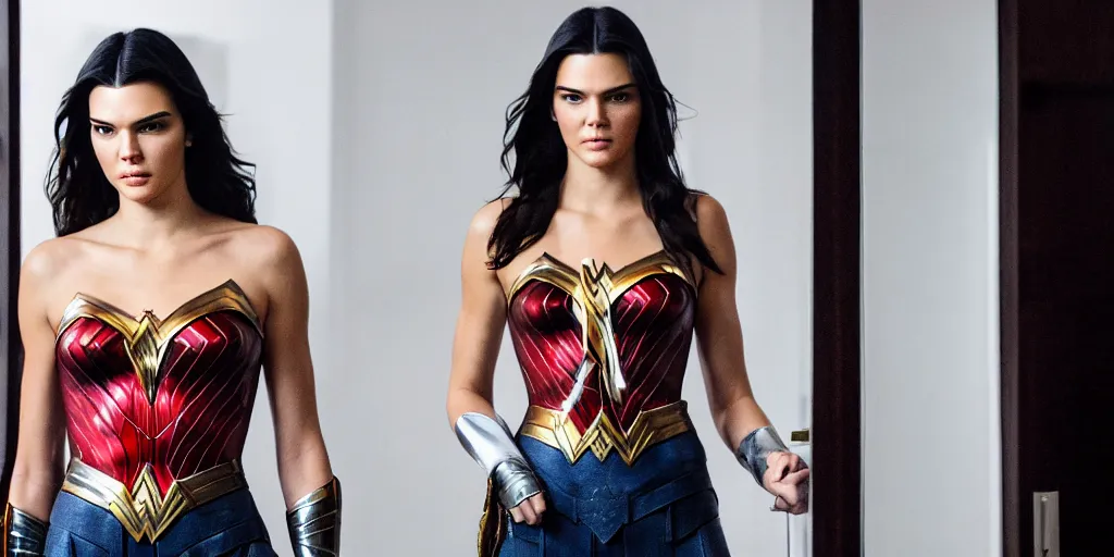 Image similar to ultra wide angle photo of kendall jenner dressed in a white blouse and black dress pants as diana prince looking at herself in a bathroom mirror and seeing her reflection as wonder woman
