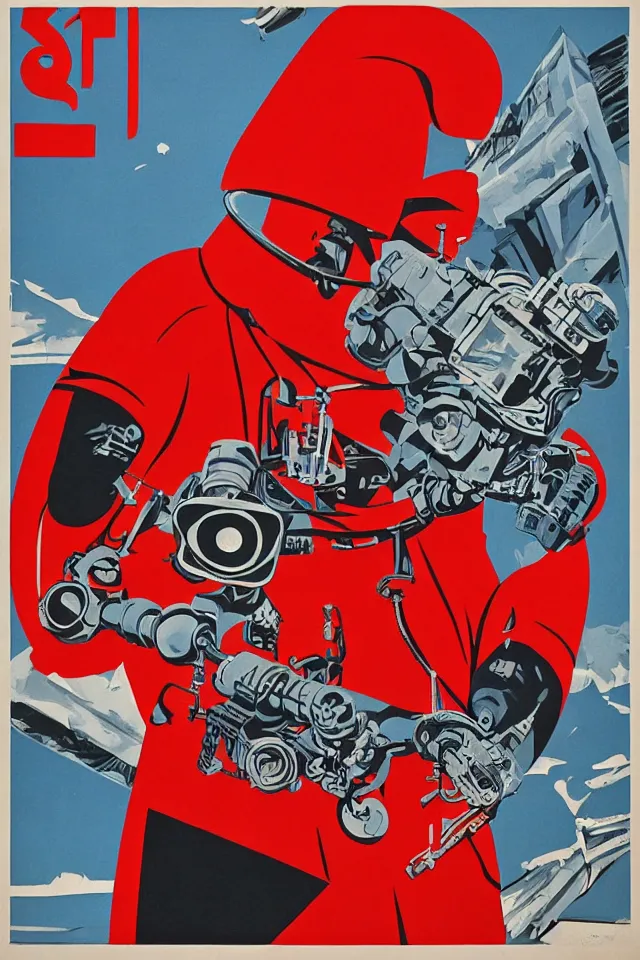 Image similar to an epic socialist realism poster of a singular communist 1 9 6 0 s sci - fi robot in a red beret playing a modular synthesizer