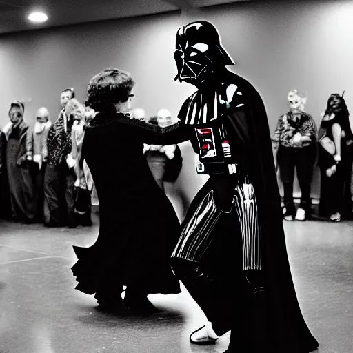 Prompt: Photography of Darth Vader dancing at a sock hop