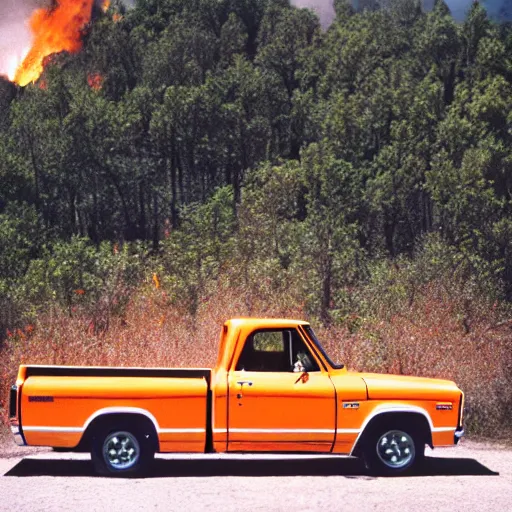 Prompt: 1972 orange and white Chevrolet C10 pickup fleeing a wildfire, Cinestill 800T