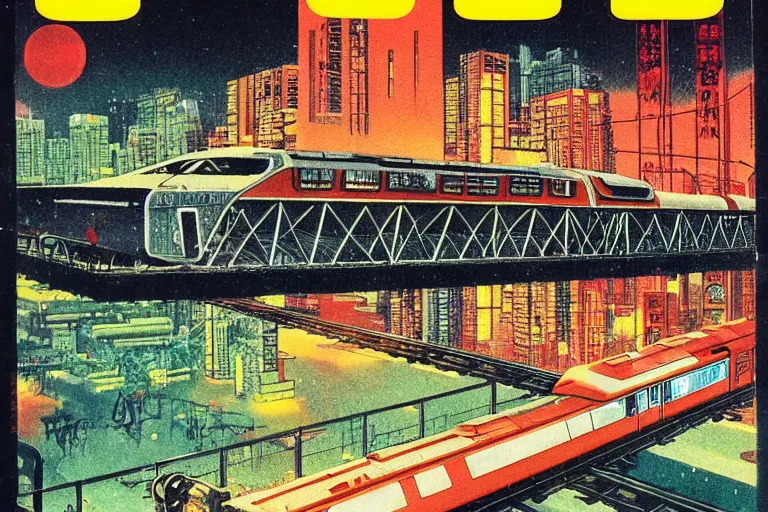 Image similar to 1 9 7 9 omni magazine cover of train bridge going above a park in osaka at night. cyberpunk style by vincent di fate