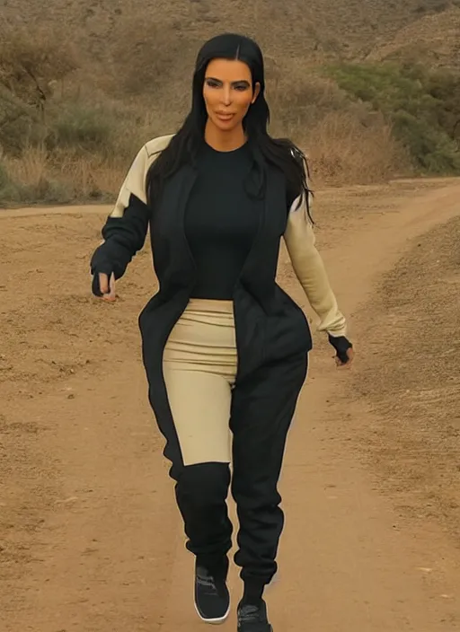 Image similar to Kim kardashian wearing a tracksuit, backround: caravan, uhd, photo: realistic, 4k, cinematic, faint light, wide shot, cigarette in hand