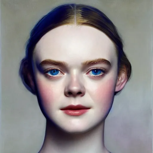 Prompt: Elle Fanning as an Android, head and shoulders masterpiece, oil on canvas, golden hour, in the world of Andrew Wyeth, artstation, by J. C. Leyendecker and Peter Paul Rubens,