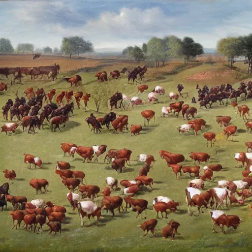 Prompt: large battle scene of cows vs chickens