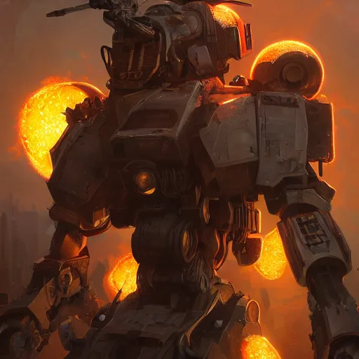 Image similar to portrait of timberwolf battlemech on fire, battle damage, sunset glow around head, intricate, elegant, highly detailed, digital painting, artstation, concept art, smooth, sharp focus, illustration, art by artgerm and greg rutkowski and alphonse mucha, background is a city in ruins