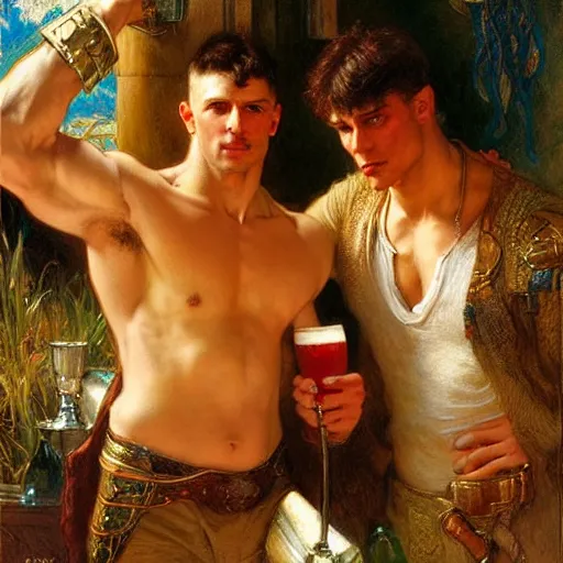 Image similar to attractive muscular arthur pendragon and muscular attractive merlin go to a pub together to have some drinks. highly detailed painting by gaston bussiere, craig mullins, j. c. leyendecker, alphonse mucha 8 k