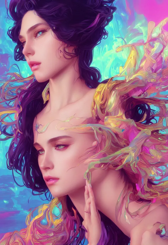 Image similar to beautiful, young woman, detailed gorgeous face, vaporwave aesthetic, synthwave, colorful, psychedelic, artstation, concept art, smooth, extremely sharp detail, finely tuned detail, ultra high definition, 8 k, unreal engine 5, ultra sharp focus, illustration, art by artgerm, greg rutkowski and alphonse mucha