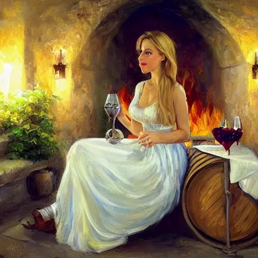 Prompt: wine cellar full of food, torches on the wall, schnapps, romantic, inviting, cozy, blonde woman, painting, Fritz Wagner, Vladimir Volegov, Olga Zakharova