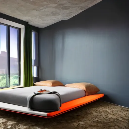 Prompt: an hd photo of a room with recursive geometry, a floating bed, windows to other worlds, bright colors