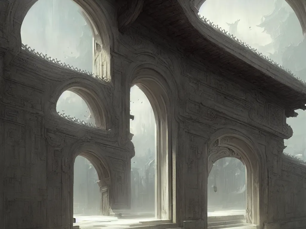 Image similar to circular gate in a white wall, leading to heaven. chinese architecture. fantasy. detailed. smooth. sharp focus. trending on artstation. artist greg rutkowski.