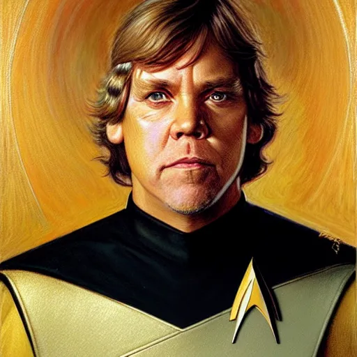 Image similar to a portrait of luke skywalker in a starfleet uniform star trek chief engineer wizard hat and wand. detailed face highly detailed painting by gaston bussiere craig mullins jc leyendecker gustav klimt artgerm greg rutkowski