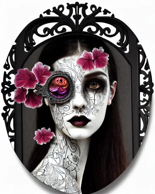 Image similar to monochrome profile portrait painting, dutch masters, silver lace floral steampunk biomechanical beautiful young female cyborg with one fluo techno eye, monocular, volumetric light, leaves foliage and stems, hibiscus flowers, rim light, big gothic fashion pearl embroidered collar, 8 k