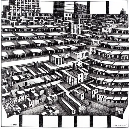Prompt: a huge foot in the middle of a tiny city, by m. c. escher
