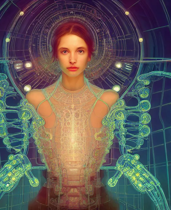 Image similar to intricate opulent transparent clear see - through portrait of microbes, fractal, neon lights, circuitry, dense industrial environment, ultra realistic, concept art, art deco, photorealistic, octane render, 8 k, unreal engine. art by nori inoguchi and sam kaplan and zachary goulko and christopher marley and artgerm and alphonse mucha