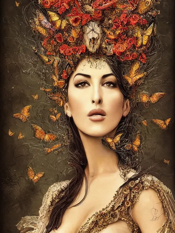Prompt: a beautiful portrait render of young Monica Bellucci who has baroque dramatic headdress with intricate fractals of butterflies and tassels made of flower,by by Daveed Benito and Billelis and aaron horkey and peter gric,trending on pinterest,rococo,hyperreal,jewelry,gold,ruby,feminine,intricate,maximalist