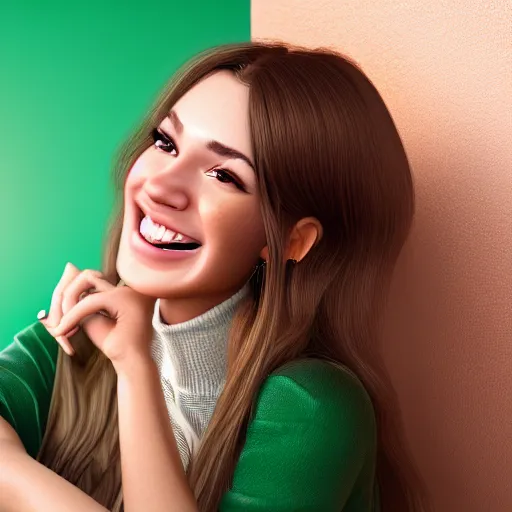 Image similar to Render of a cute 3d young woman smiling, long shiny bronze brown hair, full round face, emerald green eyes, medium skin tone, light cute freckles, smiling softly, wearing casual clothing, relaxing on a modern couch, interior lighting, cozy living room background, medium shot, mid-shot, soft focus, trending on Artstation, Unreal Engine 5 , 4k, professional photography, Portra 400