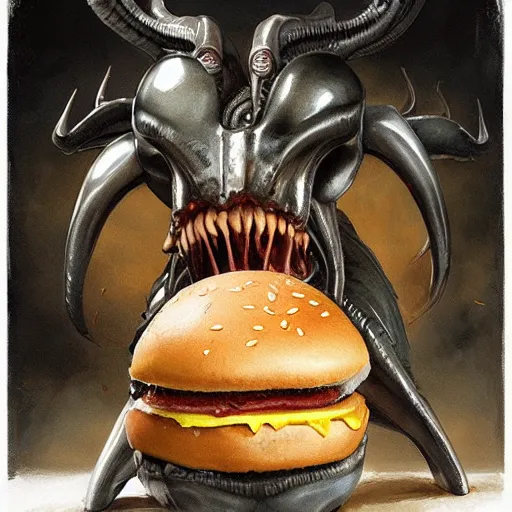 Image similar to hamburger as a xenomorph, painted bygreg rutkowski, john howe, wlop, artgerm