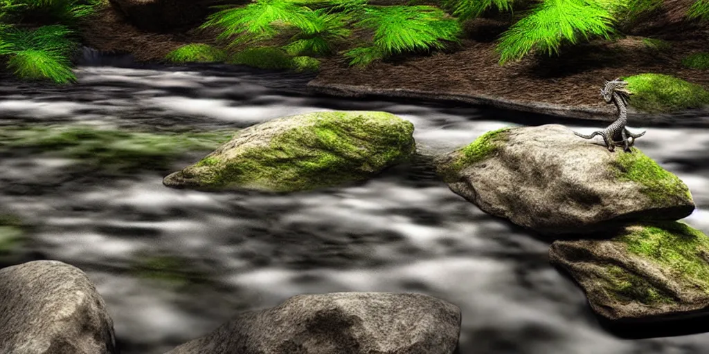 Prompt: A small dragon sitting on a glistening creek rock, flowing clear water creek bed, photorealistic 3D artwork.