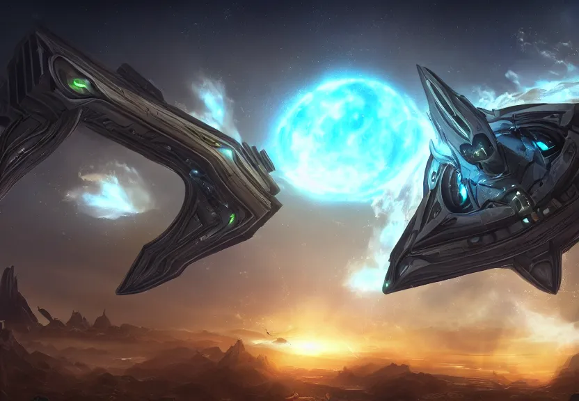 Image similar to protoss spaceship hovering above protoss city beautiful art uhd 4 k, artstation, hdr, 4 k, incredible detail, cinematic lighting, unreal engine 5