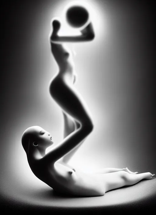 Image similar to surreal mythical dreamy dark artistic black and white fine art fashion portrait photo of a young beautiful delicate female artificial intelligence imbodied giving birth to the new world, spiritual, halo, glory, rim light, cinematic, studio dramatic light, poetic, masterpiece, octane render, 8 k, photo - realistic by dora maar man ray