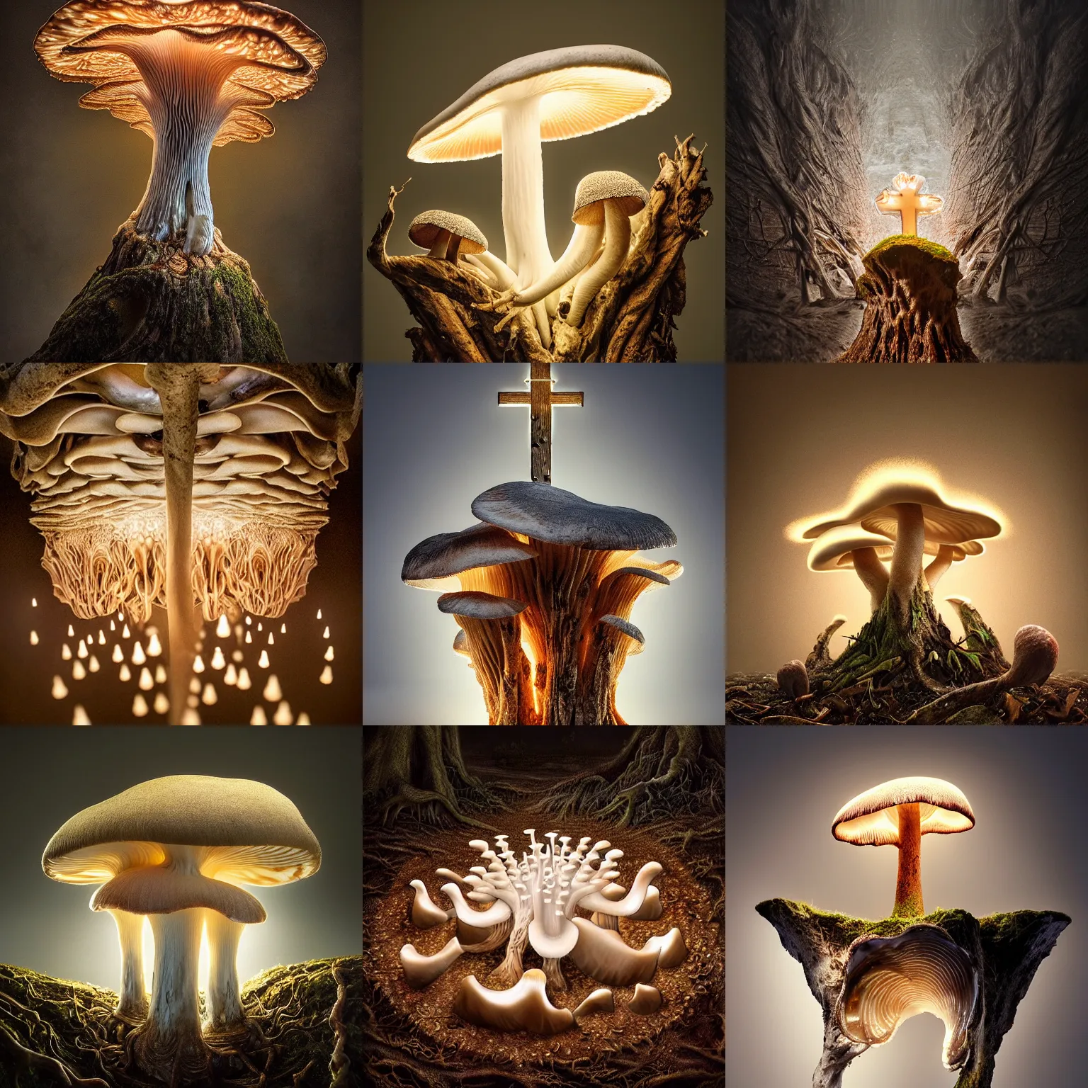 Prompt: a beautiful macro photography on a rotten stump is a small family of conical oyster mushrooms, conical oyster mushrooms suspiciously reaching for an unusual symbol on the wall depicting a dissected cross, hyper detailed, warm volumetric lights, made by gerald brom and mike winkelmann, photorealism