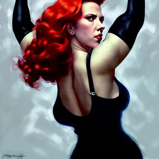 Image similar to greg manchess portrait of scarlett johansson as thick very muscular gothic weightlifter with red hair and black lipstick, fantasy medium shot, asymmetrical, profile picture, organic painting, sunny day, matte painting, bold shapes, hard edges, street art, trending on artstation, by huang guangjian and gil elvgren and sachin teng