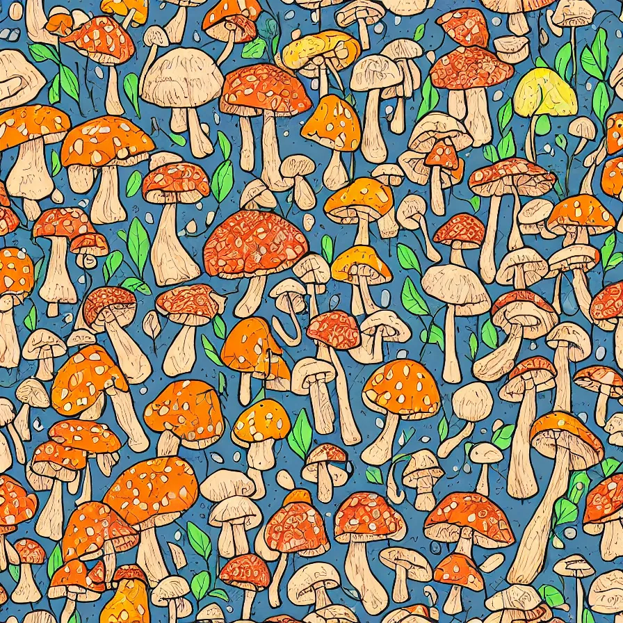 Image similar to macro photo with a mushroom characters and mycelium, very close to real nature, natural colors and natural surroundings, painted patterns and coloring on mushrooms, seamless fabric pattern 8K, highly detailed, cartoon