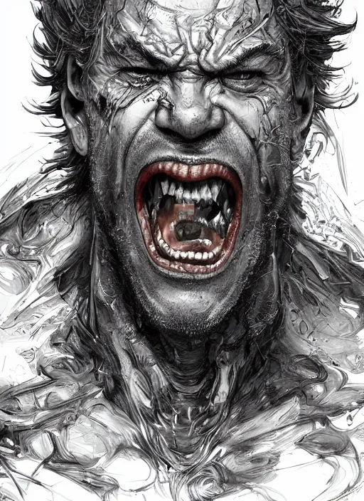 Image similar to close up portrait of bjornson screaming, insane eyes, mad, powerful, domineering, stoic, masterful, intense, ultrafine hyperdetailed illustration by kim jung gi, irakli nadar, intricate linework, sharp focus, octopath traveler, yoji shinkawa, highly rendered, detailed, concept art