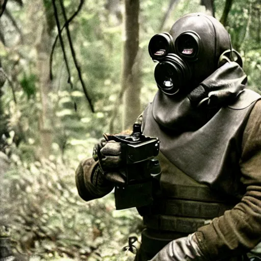 Image similar to a heavily armored man wearing a gasmask, in the jungle, film still, arriflex 3 5